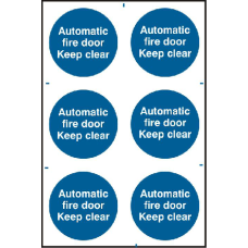 ASEC `Automatic Fire Door Keep Clear` 200mm x 300mm PVC Self Adhesive Sign 6 Per Sheet - Blue & White