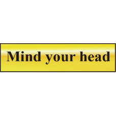 ASEC `Mind Your Head` 200mm x 50mm  Self Adhesive Sign 1 Per Sheet - Gold