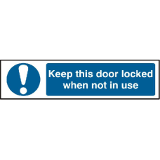 ASEC `Keep This Door Locked When Not In Use` 200mm x 50mm Self Adhesive Sign 1 Per Sheet - Blue & White