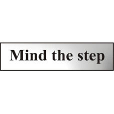 ASEC `Mind The Step` 200mm x 50mm  Self Adhesive Sign 1 Per Sheet - Chrome Plated